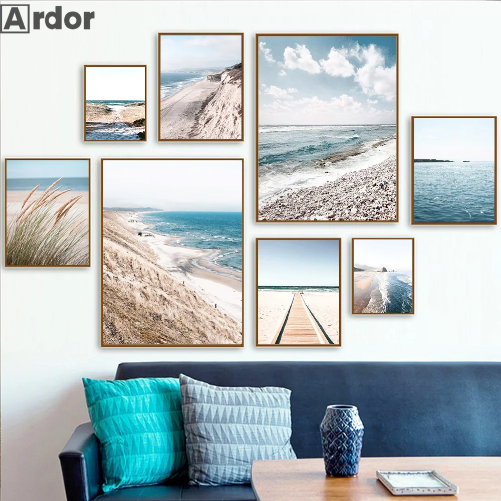

Nordic Blue Ocean Sea Canvas Poster Beach Art Prints Scandinavia Posters Bridge Painting Landscape Wall Pictures Bedroom Decor