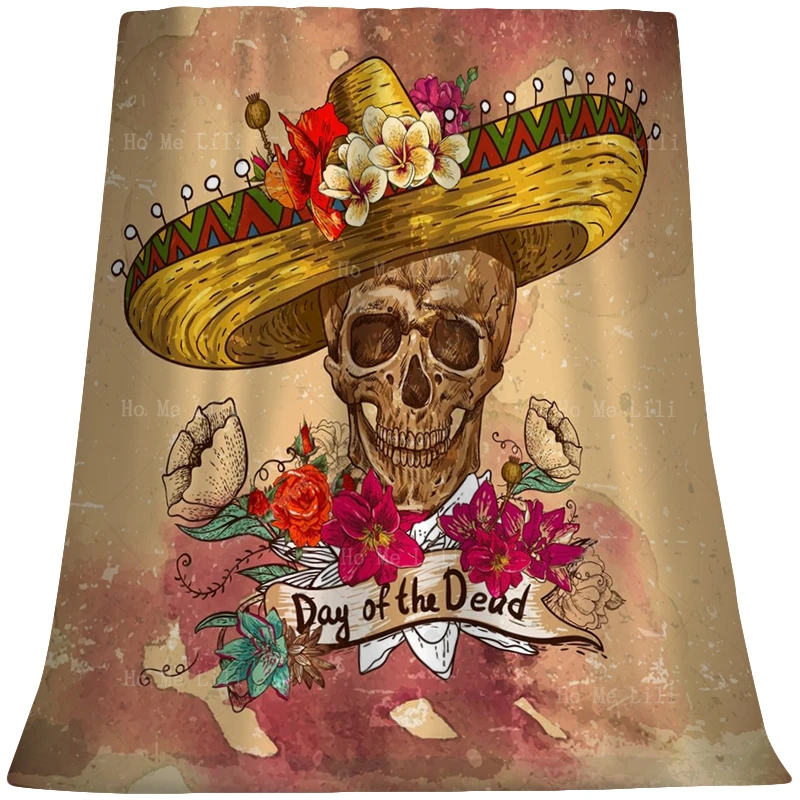 

Mexican Art Sugar Skull Wide-brimmed Flower's Straw Hat The Day Of The Death Pattern Cozy Warm Flannel Blanket By Ho Me Lili