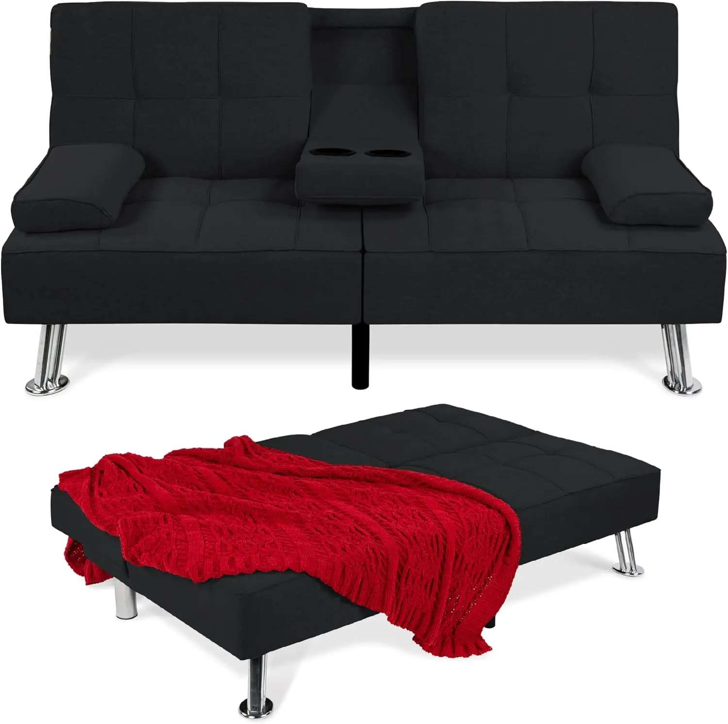 Best Choice Products Linen Modern Folding Futon, Reclining Sofa Bed for Apartment, Dorm W/Removable Armrests