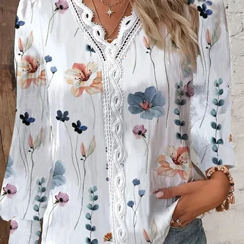 Women's Shirts Autumn Fashion Elegant Long Sleeve Print Office Lady Top White Women Ruffled Hollow Out Blouse Female Clothing