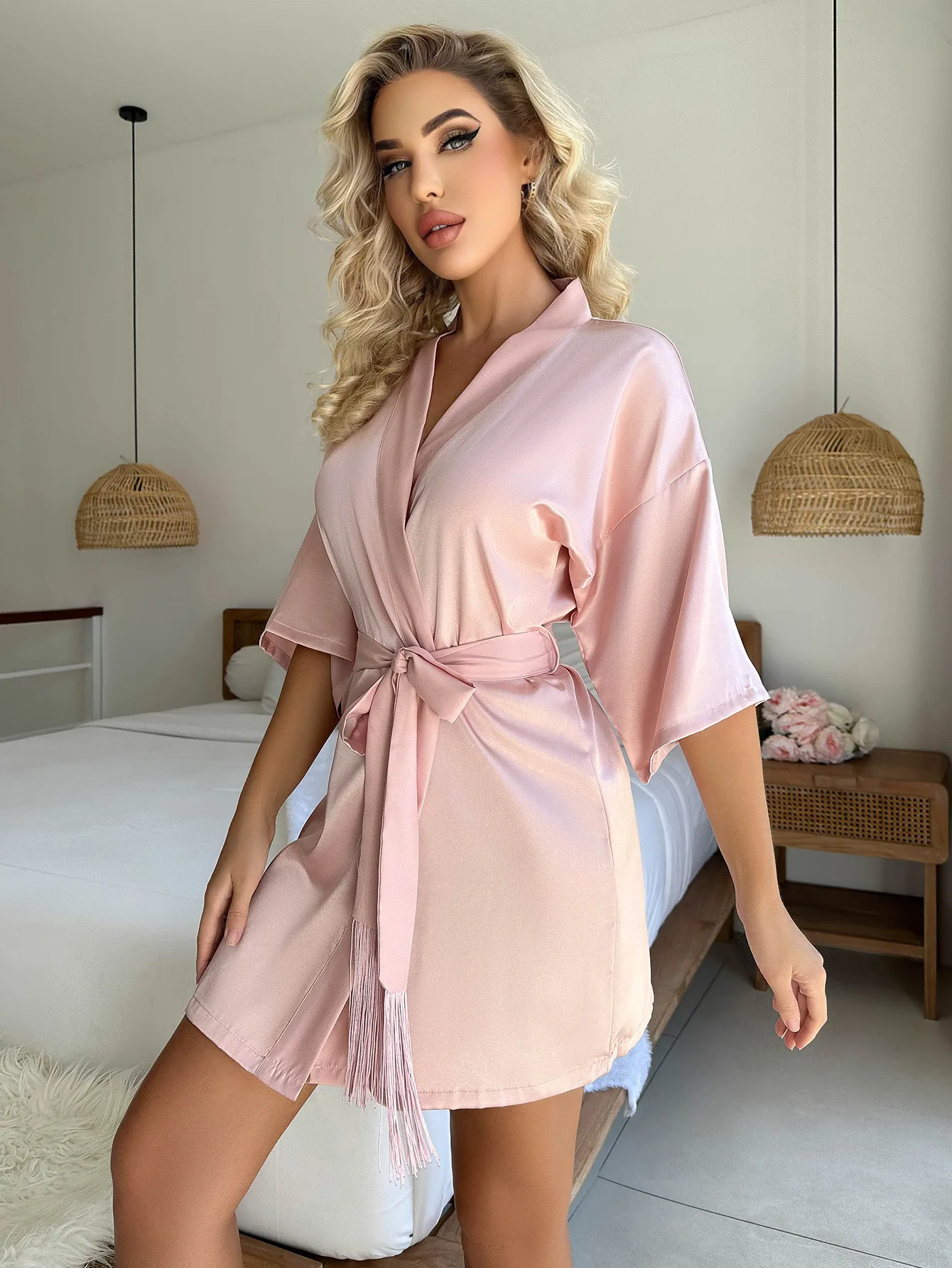 Womens Kimono Robes Dressing Gown Satin Bathrobe Nightdress Short Style Bridal Robe Sleepwear with 3/4 Sleeve