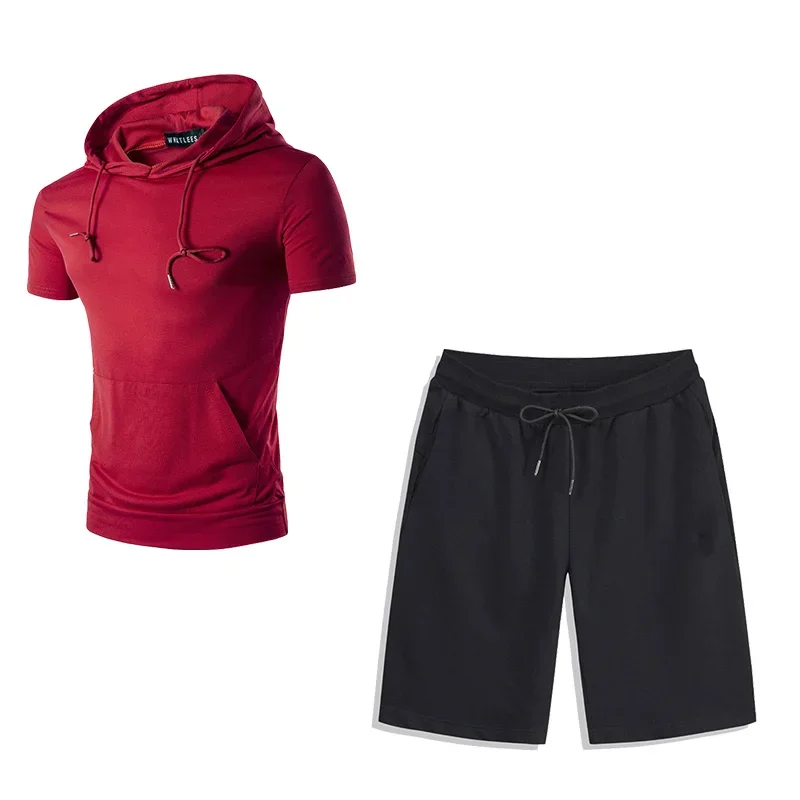 Summer Men Tracksuit Hooded Short Sleeve T Shirt and Shorts Two Pieces Set Solid Color Casual Breathable Male Joggers Outfits