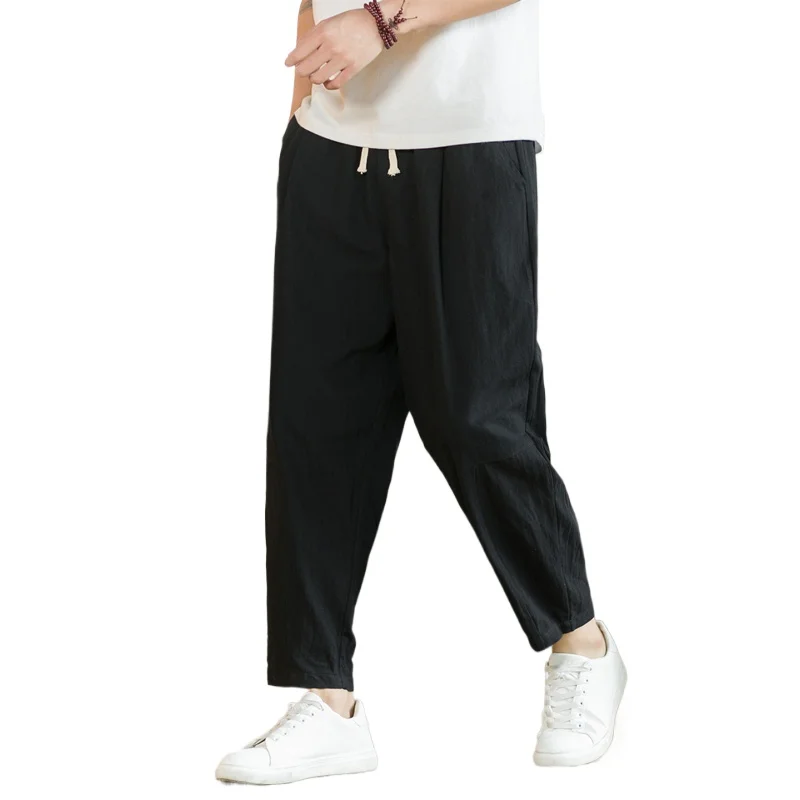 Streetwear Men Cotton Trousers Casual Solid Color Long Pants Breathable Drawstring Straight Pants Harem Pants Men Baggy Pants 2