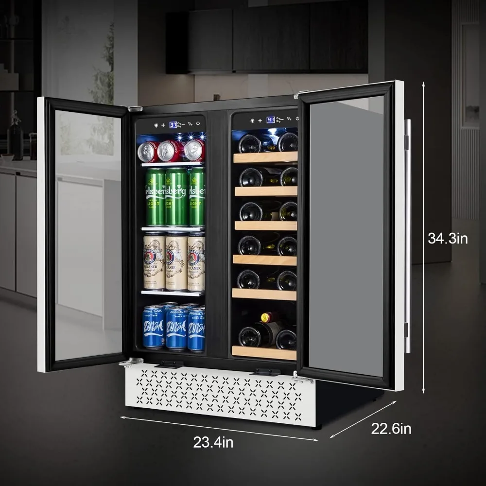 Tylza Wine and Beverage Refrigerator 24 Inch Dual Zone, French Door Wine and Beverage Cooler 24'' Built-In