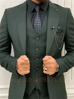 3 Pieces Post Green Suits Men Suits Wedding Wear Business Male Groom Wedding Dress Jacket Vest Pants Set Blazers Coat 1