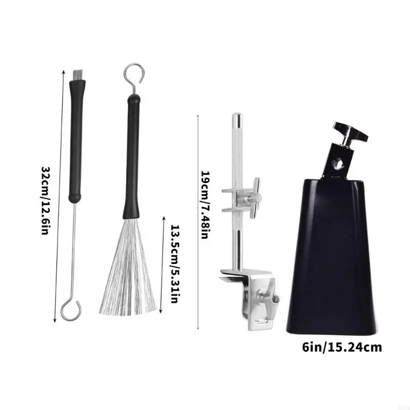 Komplettes Drum Cowbell-Klemmen-Set inklusive 6-Zoll-Metallglocke, zwei Bürsten und Holztrommelstock für Percussion-Zubehör 69HD – Detail 6