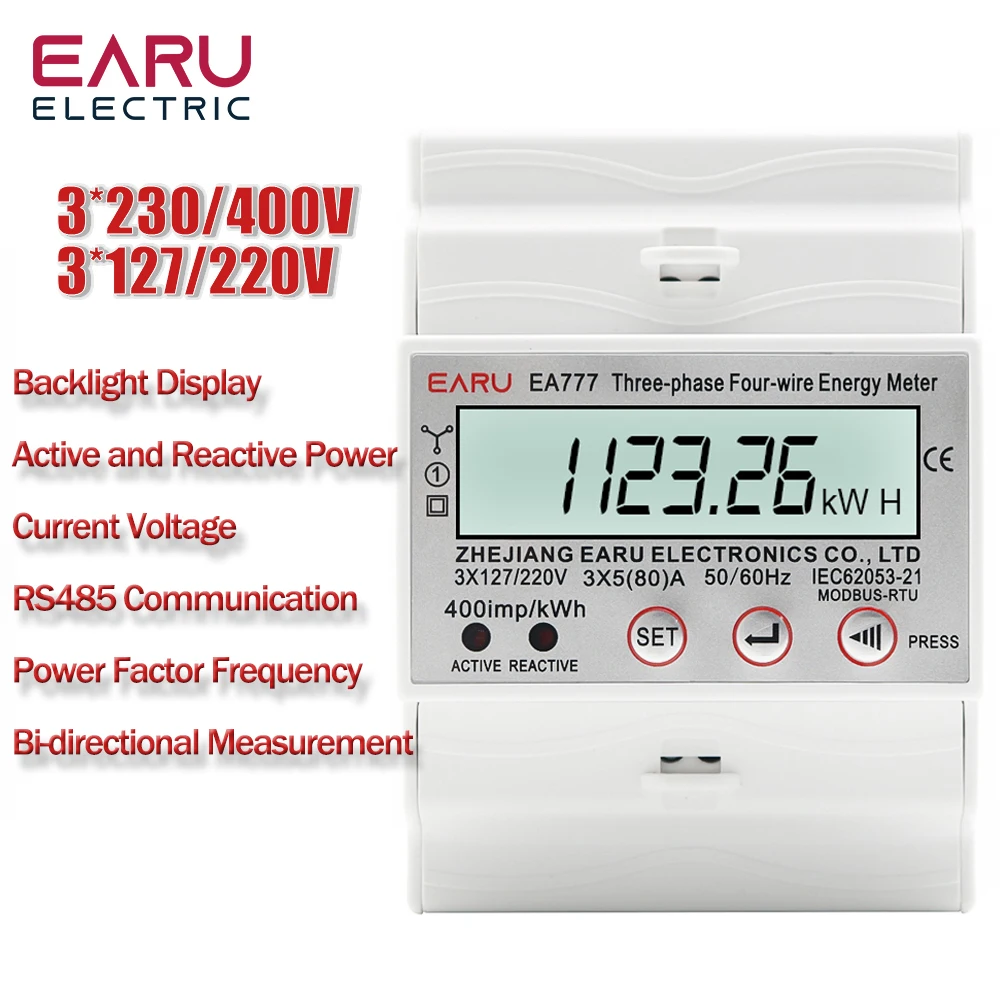 Earu EA777 4P Three Phase 4 Wire Bilateral Energy Meter AC 3*230/400V DIN Rail Electricity Consumption Meter Multifunction LCD Display