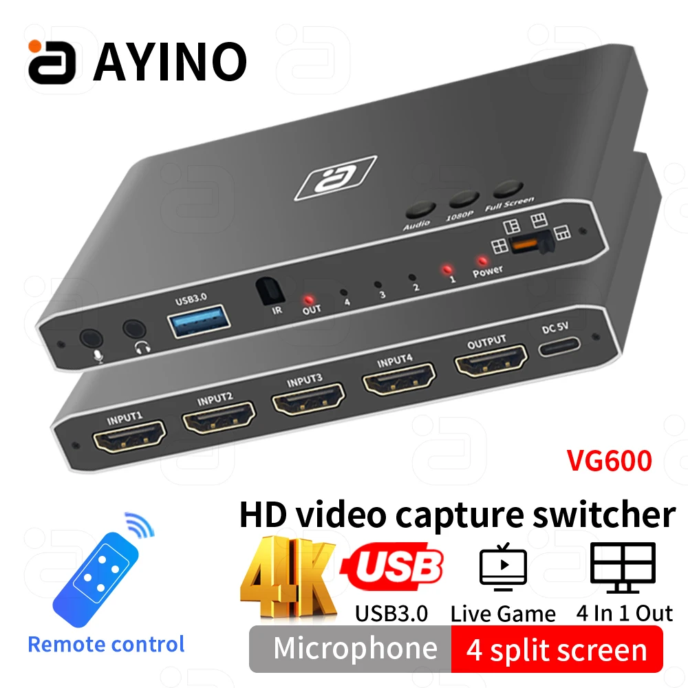 

AYINO VG600 HDMI2.0 Video Capture Card USB3.0 4 In 1 Out Switcher Audio Separator Mic Recorder Game To PC With Remote Control