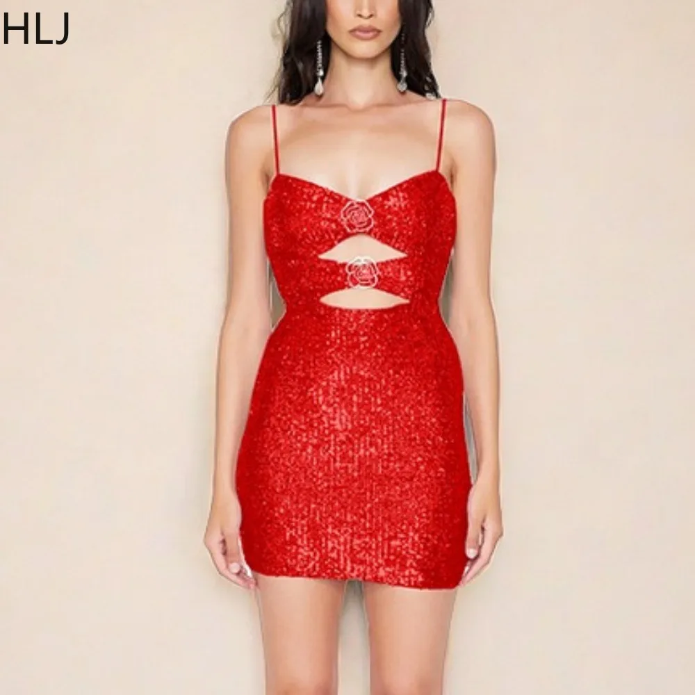 

HLJ Sexy Sequin Flower Brooch Splicing Hollow Out Suspenders Dress Women Thin Strap Sleeveless Backless Slim Party Club Vestidos