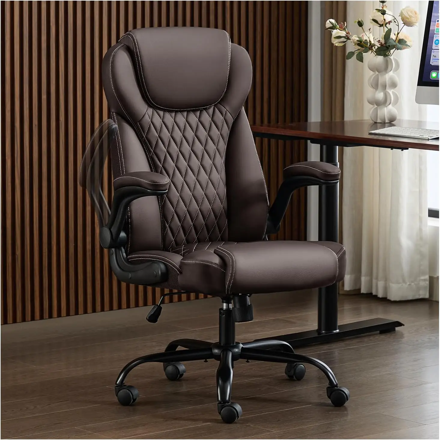 "premium ergonomic leather office chair with adjustable arms and lumbar support for home desk"