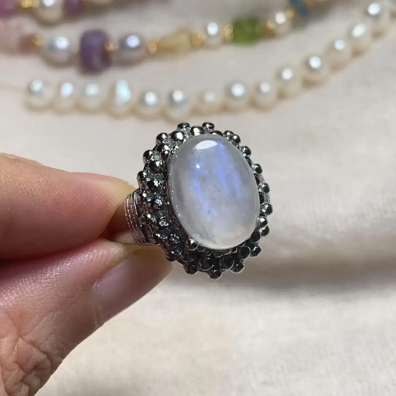 14*10MM Natural BLUE Moonstone Ring Adjustable Female  Ring Jewelry for Women Gift Wholesale High Quality Vintage Fine