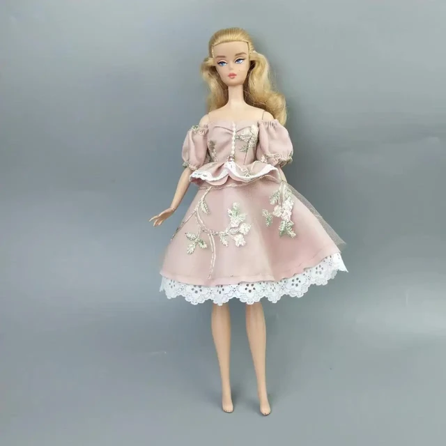 Barbie Doll Clothes Floral Dress with Puffy Sleeves and 2 Accessories