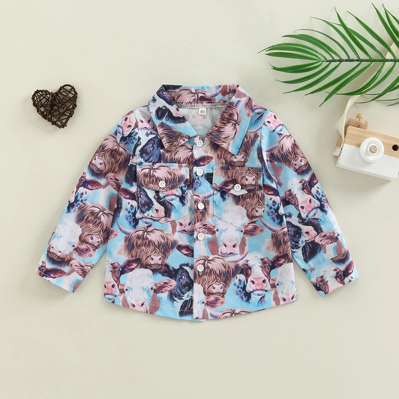 FOCUSNORM 0-5Y Toddler Kids Boys Shirts Tops 4 Style Long Sleeve Cartoon Animal Printing Single Breasted Coats Outwear