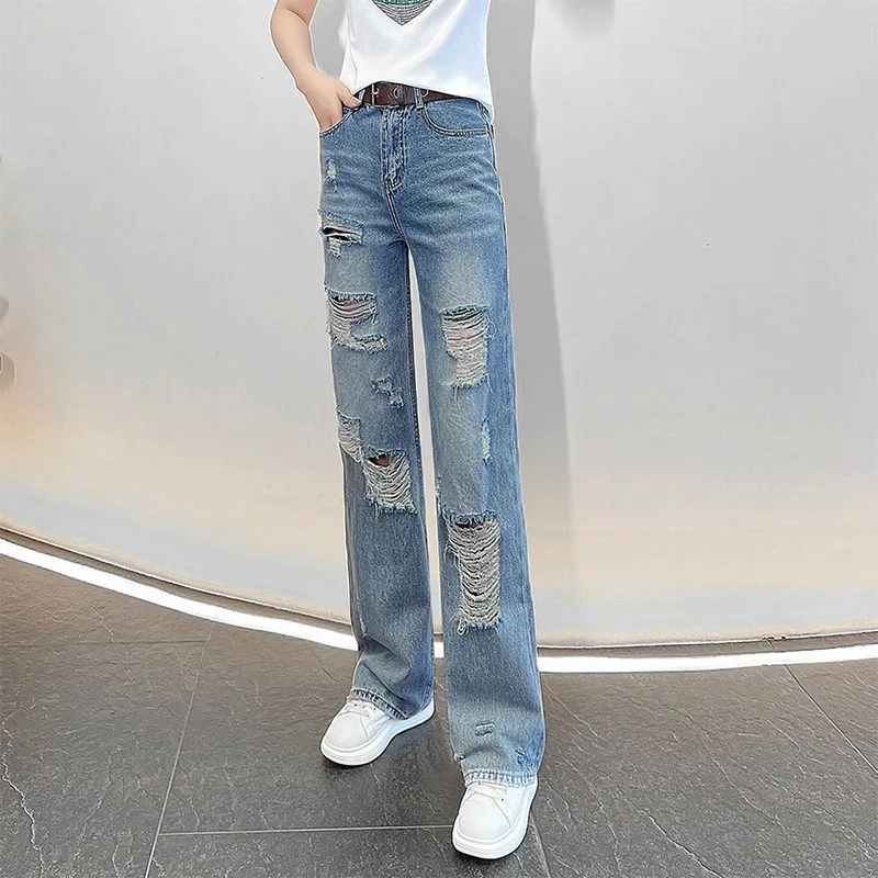 

Ripped Jeans Women's High Waist Casual Straight Denim Pants Summer New Korean Loose Wide Leg Thin Pant Mujer Vaqueros Pantalones