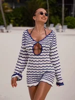 Sexy Boho Striped Chic V-neck Cut Out Bell Sleeve Knit Dress 2025 Summer Women Seaside Holiday Mini A-Line Dress K123 - Image 3