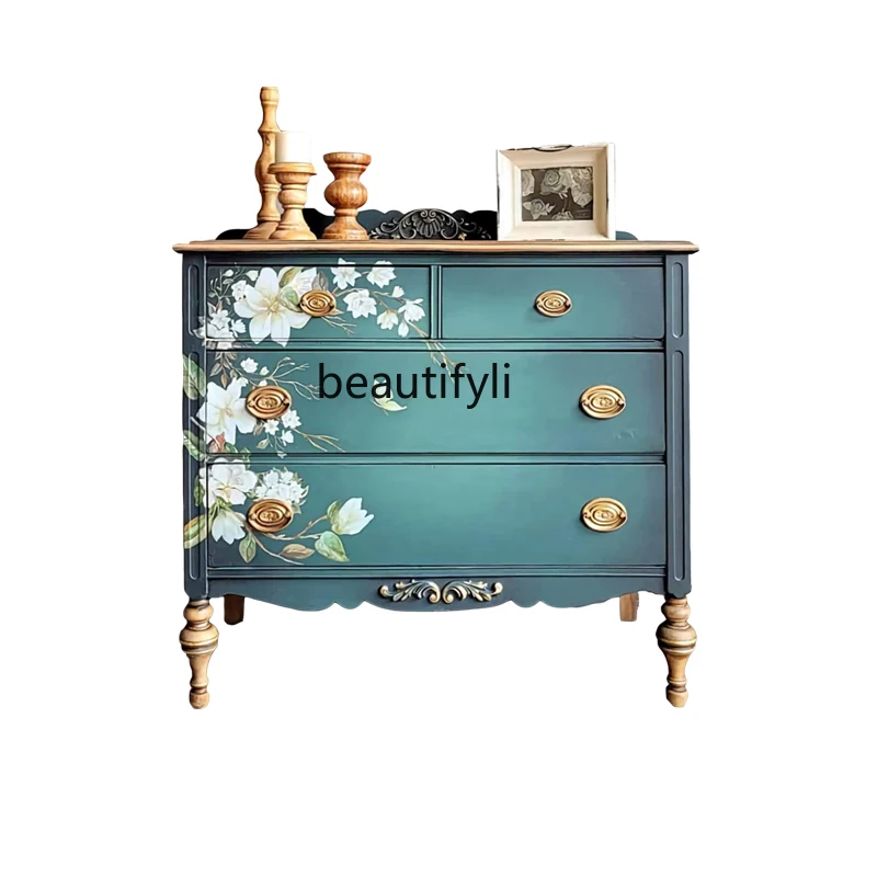 

American Country Retro Painted Solid Wood Chest of Drawers Simple Art Drawer Storage Cabinet Three-Bucket Cabinet Entrance