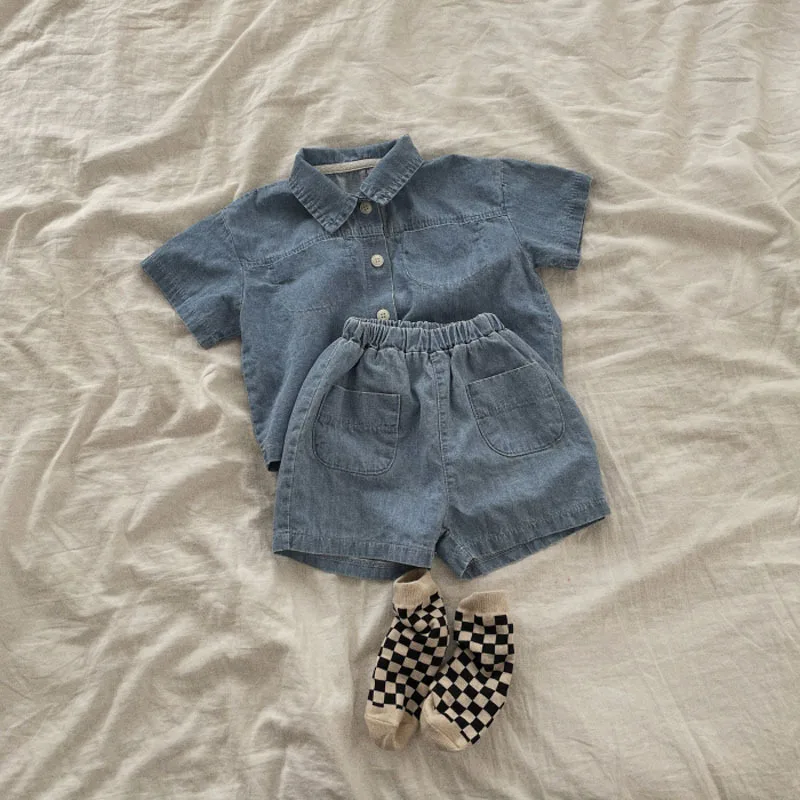 baby clothing set red	 Boys and girls short-sleeved denim shirts cardigan tops children's suits summer baby girl shorts suits fashion two-piece suit baby clothes in sets	