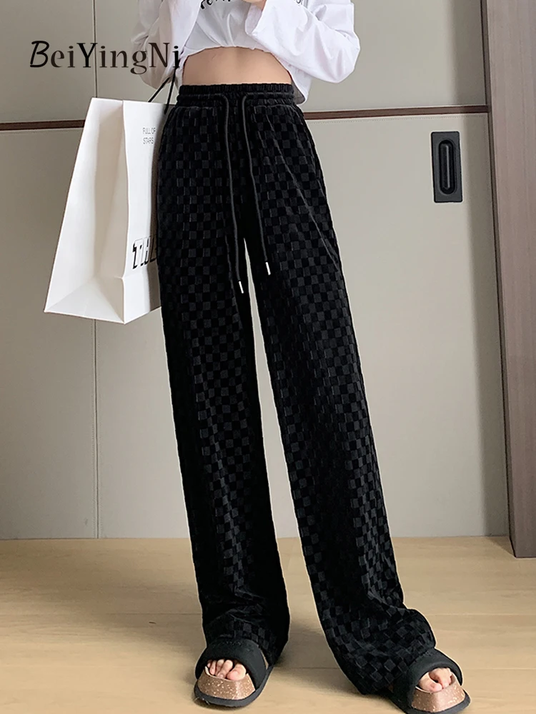 

Beiyingni Autumn Winter Velvet Pants for Women Plaid Casual Drawstring Elastic Waist Wide Leg Trousers Female Elegant Slim Pants