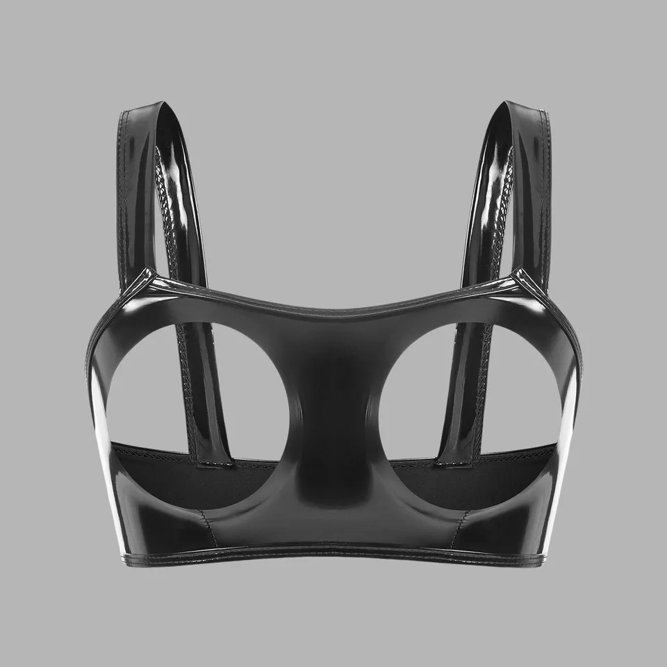 Elegant Womens PU Leather Open Cup Bra Set