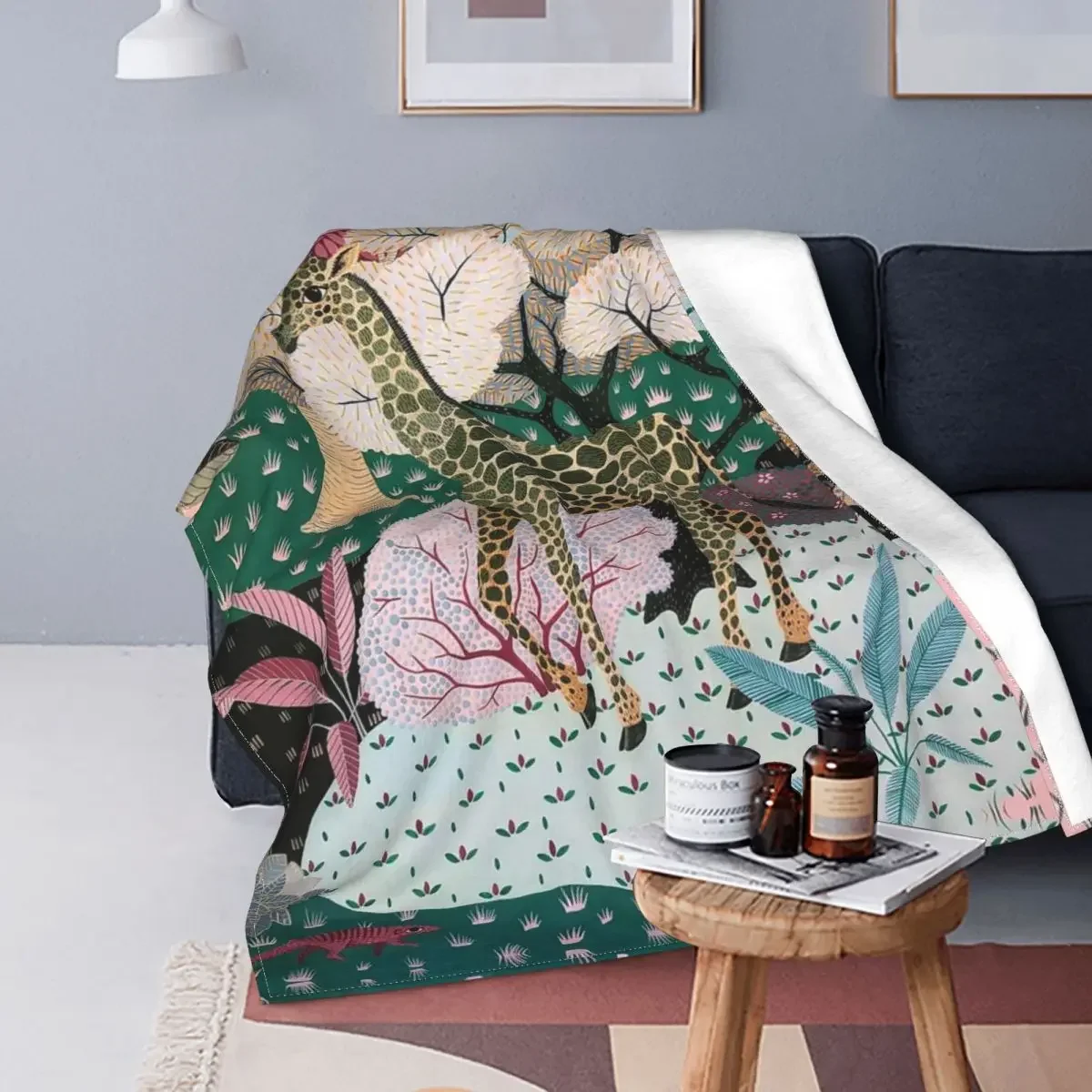 

Jungle Giraffe Fuzzy Blankets Oil Painting Tropical Plants Fashion Throw Blankets for Sofa Bedding Lounge 150*125cm Bedspread