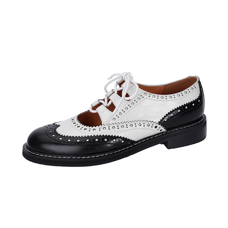 Women Genuine Leather Oxford Shoes Round Toe Black White Lady Lace Up Brogues Loafers Casual Shoes for Women Leather