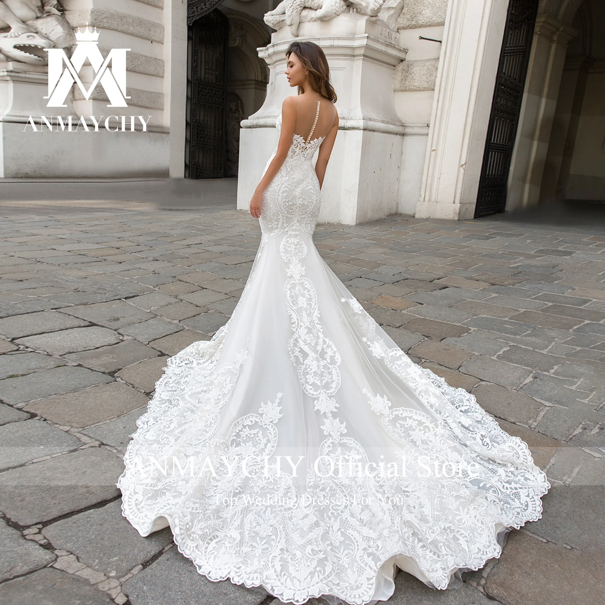 ANMAYCHY Mermaid Wedding Dresses For Women 2023 Strapless Deep V neck Beading Sequined Mit Cape Wedding