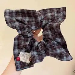 Chic Lace - Trimmed Knitted Hair Ties - Korean Style Retro Accessories (Blue plaid scarf hair tie)