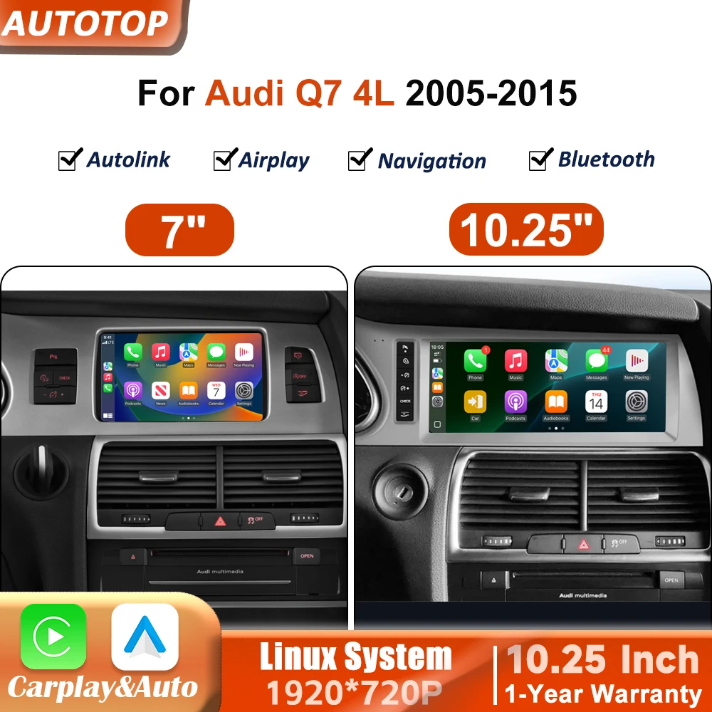 Radio de coche inalámbrico CarPlay Android Auto de 7/10,25 pulgadas para Audi Q7 4L 2005-2015 MMI 2G MMI 3G, sistema multimedia inteligente para coche, pantalla táctil inteligente, Wifi, Bluetooth, navegación GPS, Navi, Mirror Link, AirPlay, Autolink, MirrorLink 1