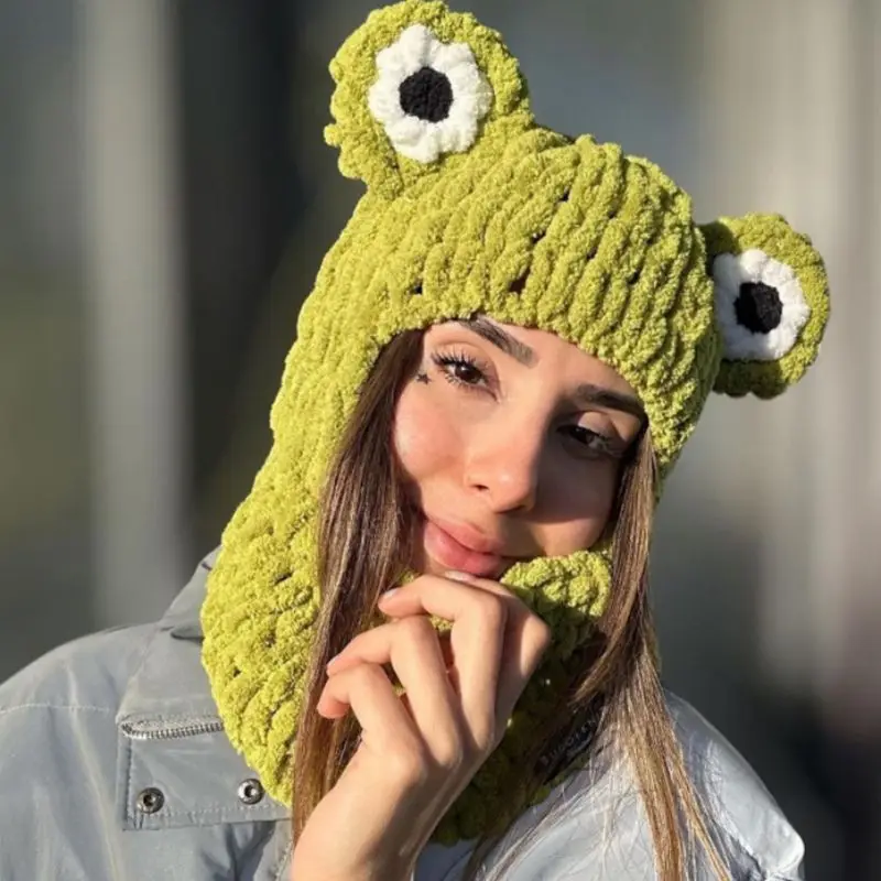 Combhasaki Women's Y2K Hooded Scarf Hats Cute Animal Ears Knitted Pullover Balaclava Winter Warm Beanie Cap for Cold Weather 5