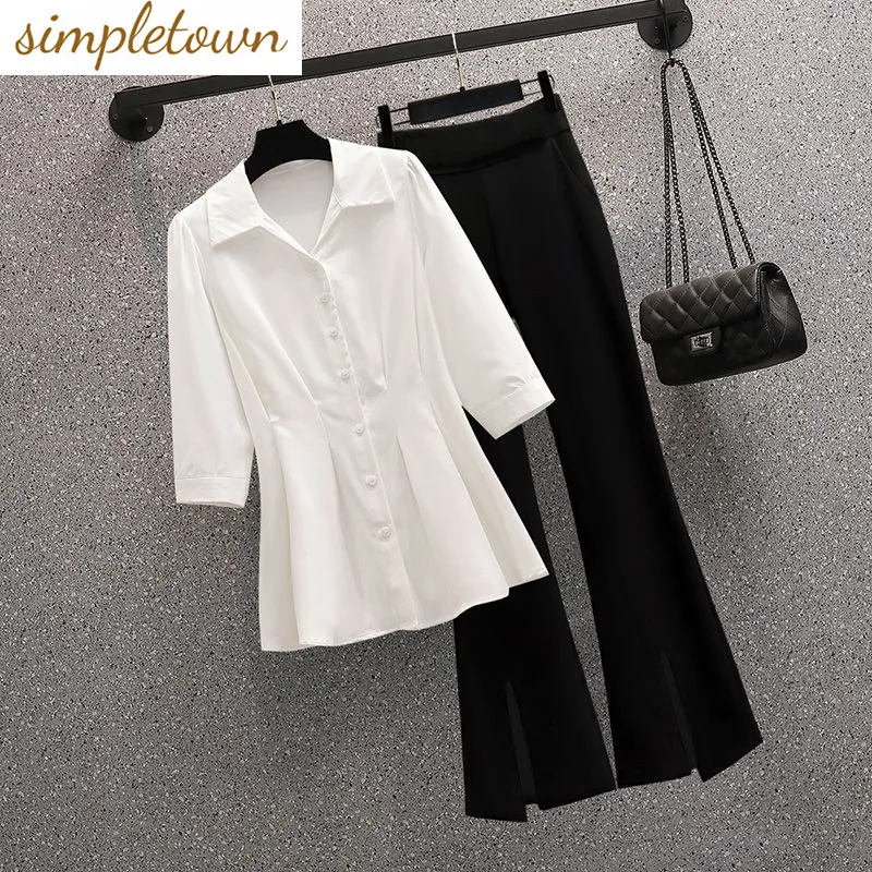 Korean Style Simple Draped Short Sleeved Chiffon Shirt Casual Wide Leg Pants Two-piece Elegant Women's Pants Set Summer Outfits