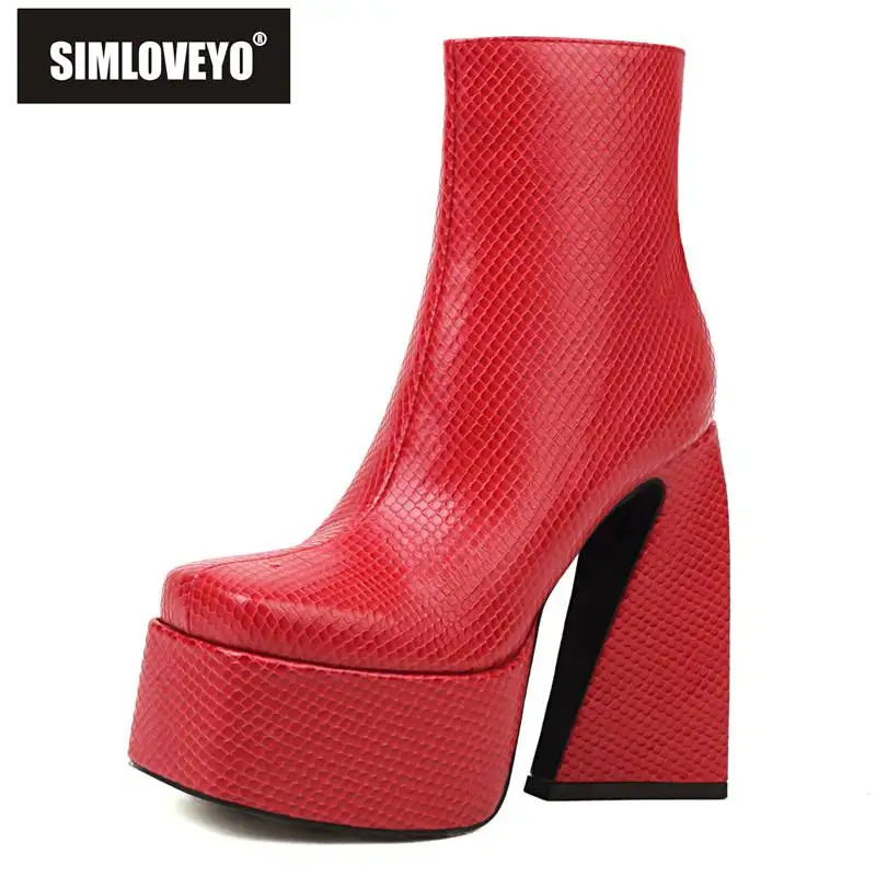 

SIMLOVEYO Woman Boots Square Toe Strange Super High Heel 14cm Platform Hill 5cm Zipper Plaid Plus Size 48 49 50 Sexy Party Shoes