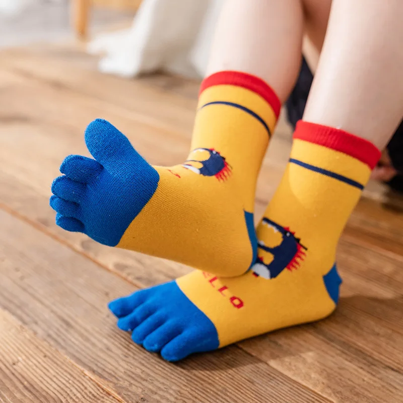 5 Pairs Cute Kids Cartoon Socks with Toes Pure Cotton Dinosaur Pattern 5 Finger Socks Infants Baby Boy Girl Correction Toe Socks