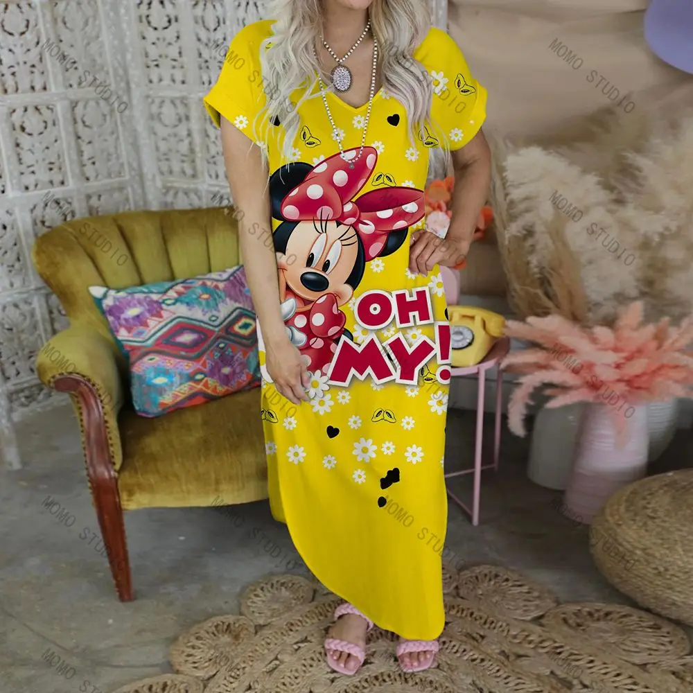 

Woman Clothes V-Neck Robe Disney Beach Dress Mickey Casual Women's Dresses Cartoon Long Minnie Mouse Leisure Y2k 2022 Sexy Maxi