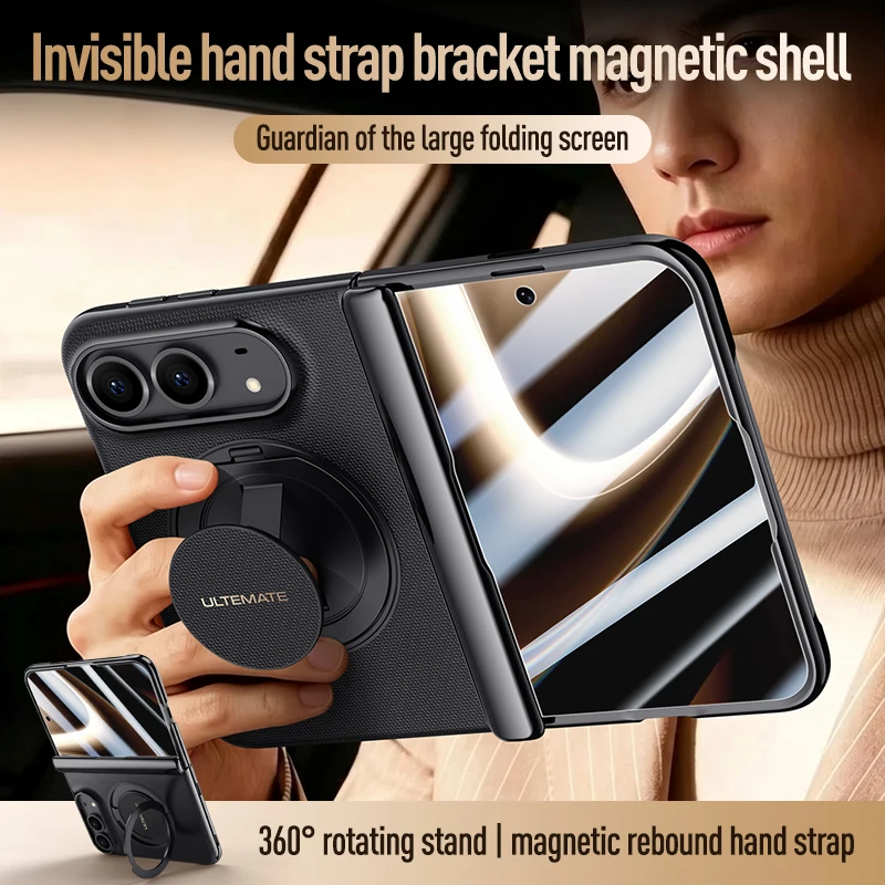 Luxury Magnetic PU Leather Case with Rotating Bracket & Hand Strap, Includes HD Privacy Glass
