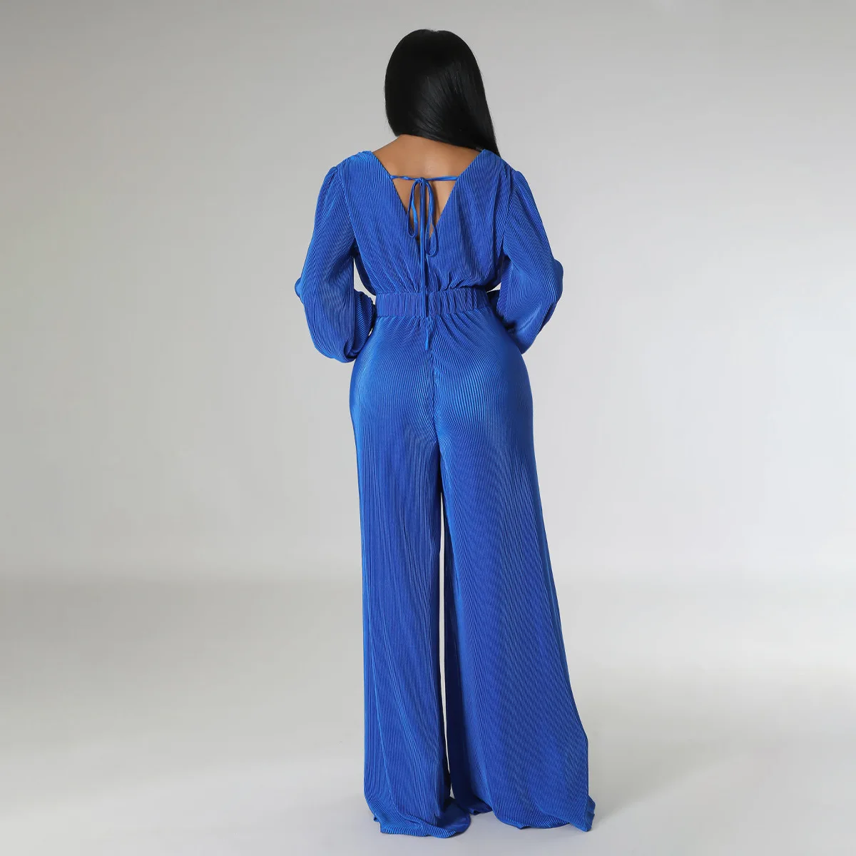 Autumn Winter Fashion Solid Pleated Jumpsuit Women Casual Loose V-neck Long Sleeved Wide Leg Pants Jumpsuit Women