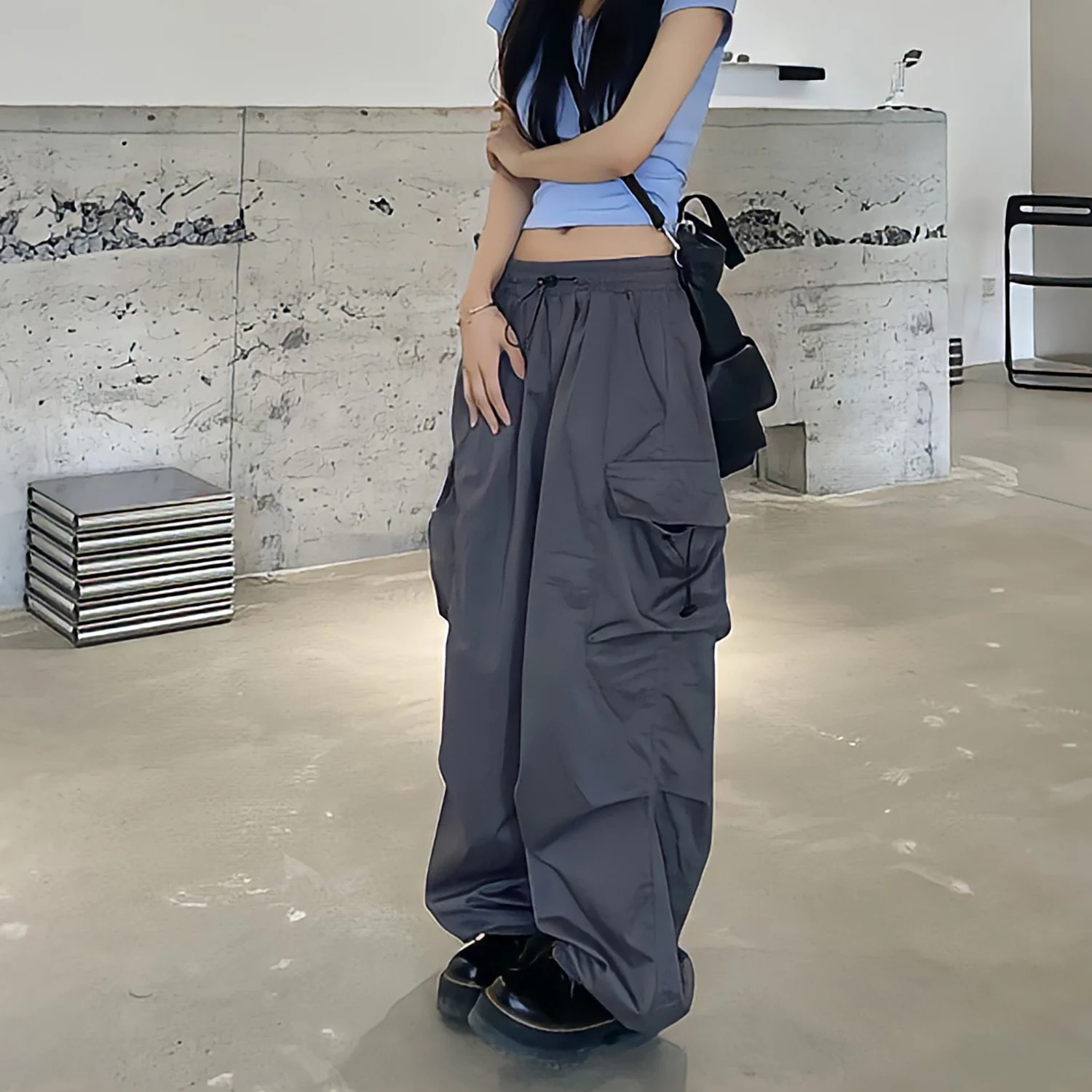 Drawstring Baggy Grey Cargo Pants Women High Waist Black Pants