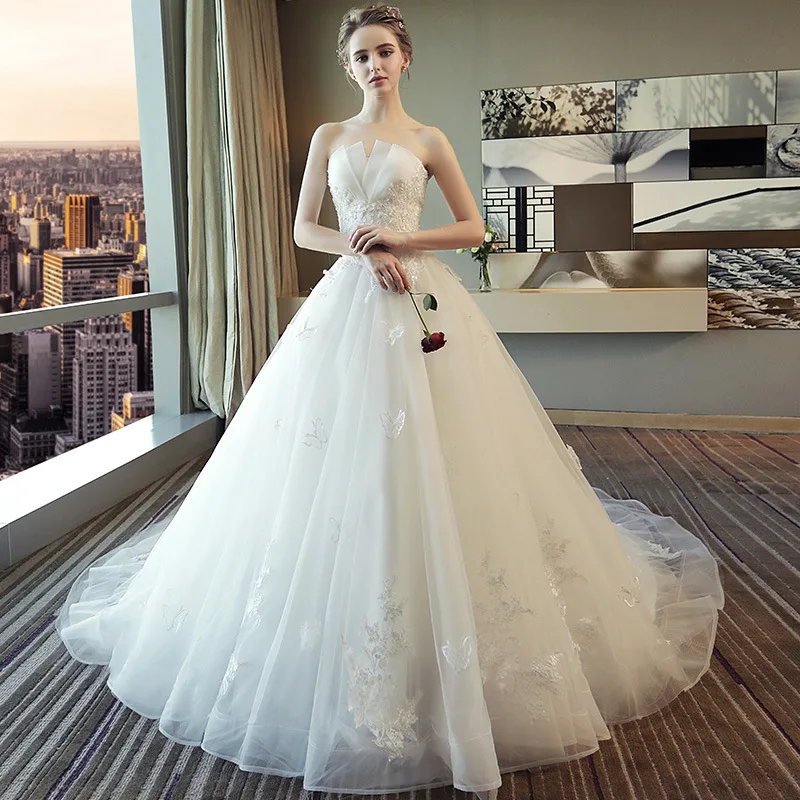 

Princess Dream Embroidery Spring Bride Bract-shaped Strapless Sexy Elegant Long Railway Wedding Dress
