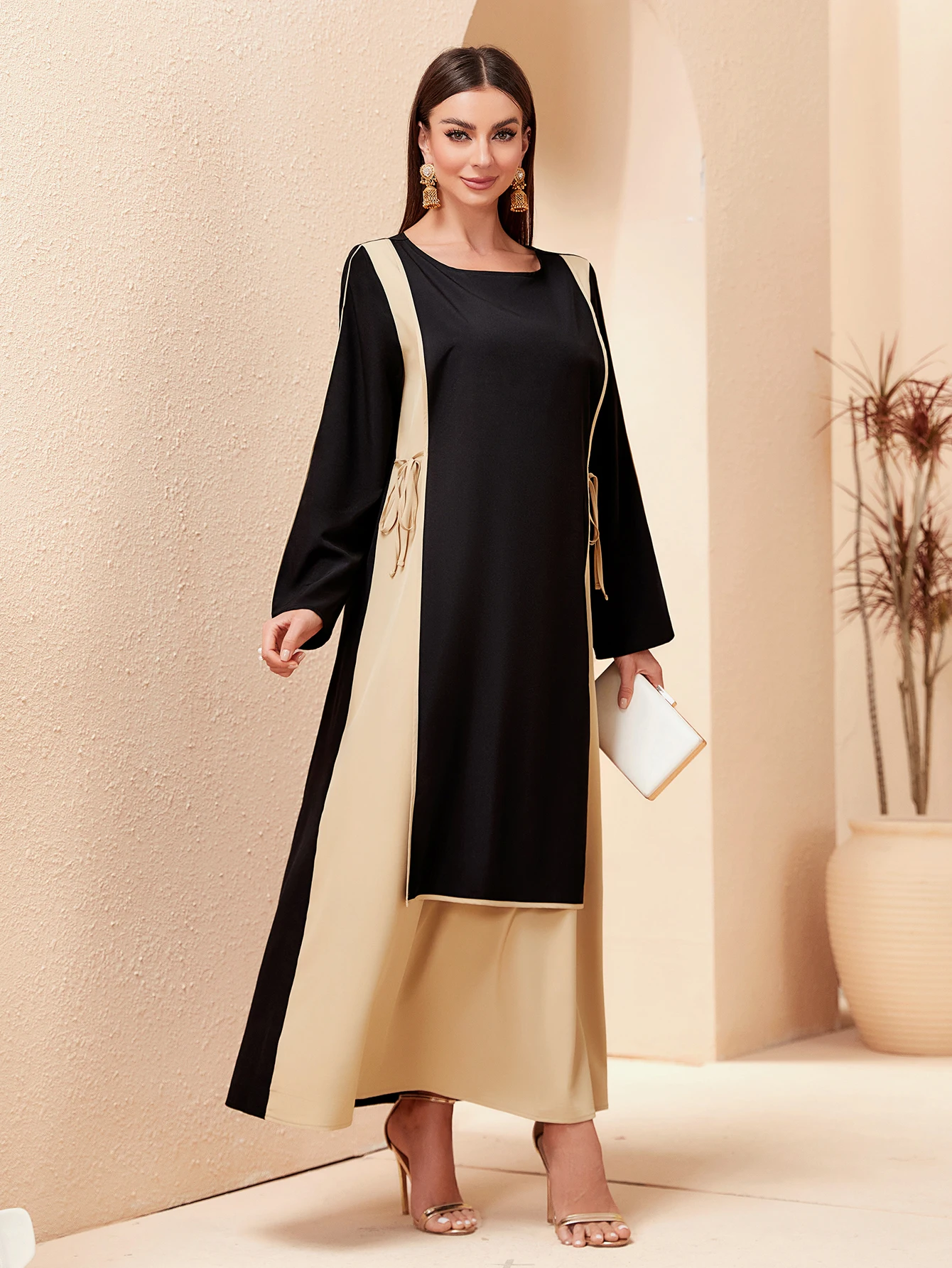 Abaya Ramadan Dubai Color Block Long Sleeve Kaftan Dress, Elegant Tied Waist Ankle Length A-line Dress, Women's Clothing