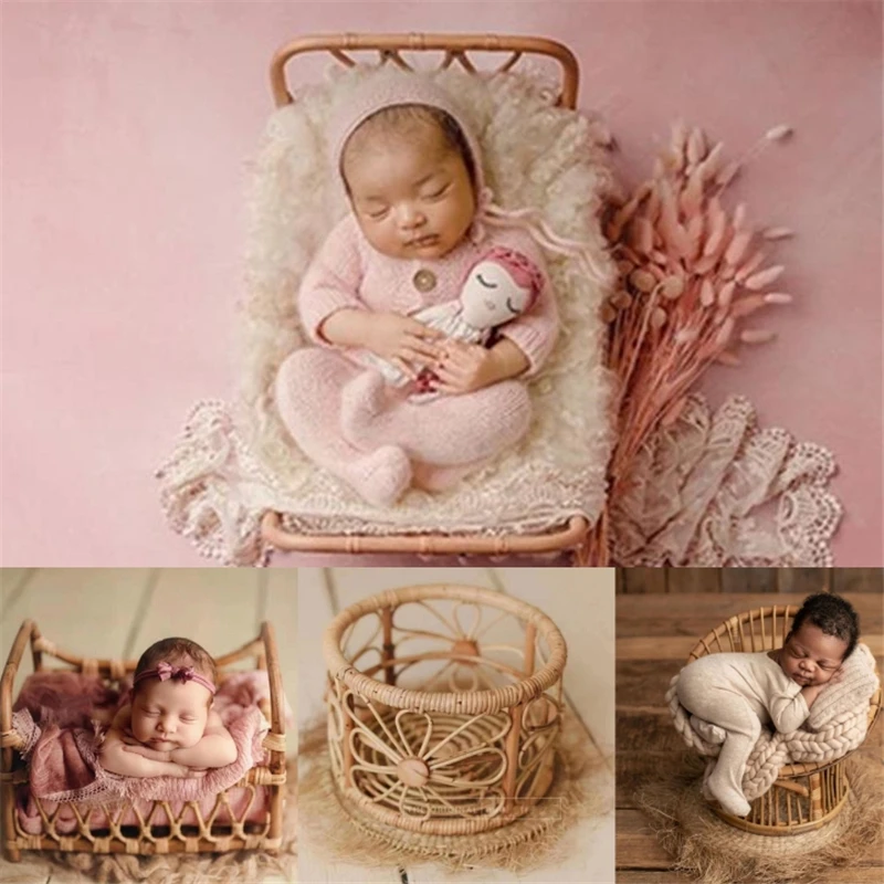 Dvotinst Newborn Baby Photography Props Retro Handmade Mini Bed Rattan Posing Cribs Chair Studio Accessories Shoots Photo Props