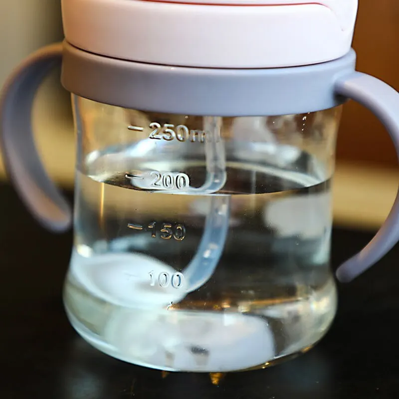 250ml Baby Drinking Cup & Feeding Bottle with Pink Straw Gravity Ball Wide Caliber Handle for Milk & Water