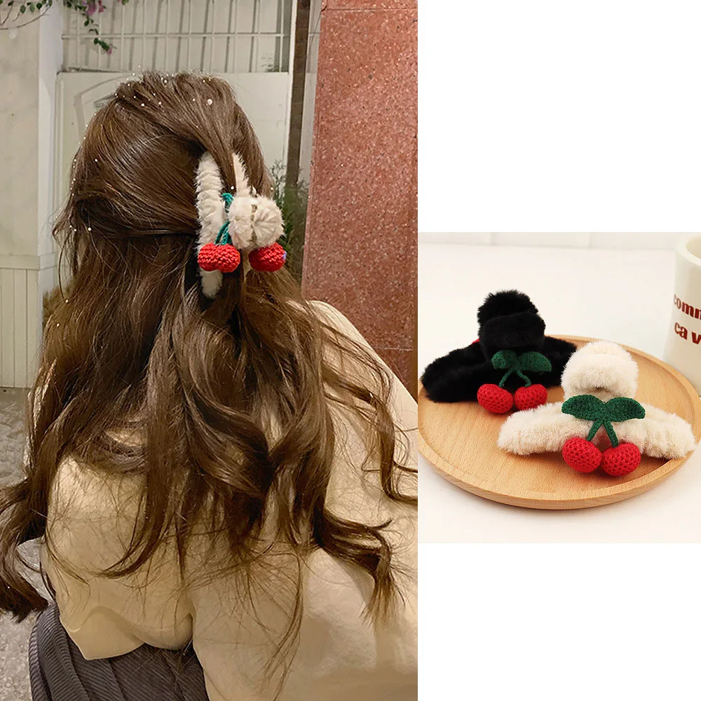 Autumn and winter Fashion Korean villus Hair Claw Cute Cherry Hair Clip Women  Girl Shark Clip Headdress Hair Accessories