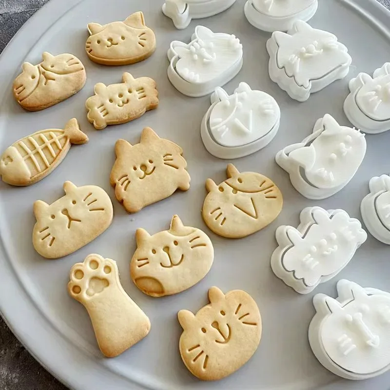 Mini Cat Cookie Mold Set Cartoon Cat Claw Fish Bone Shape Cookie Stamp Fondant Cake Decoration Tools 3D Hand Pressure Plastic cookie cutter baking mold cookie mould cookie printing mold fondant cutter baking decorating tools cookie maker press kit
