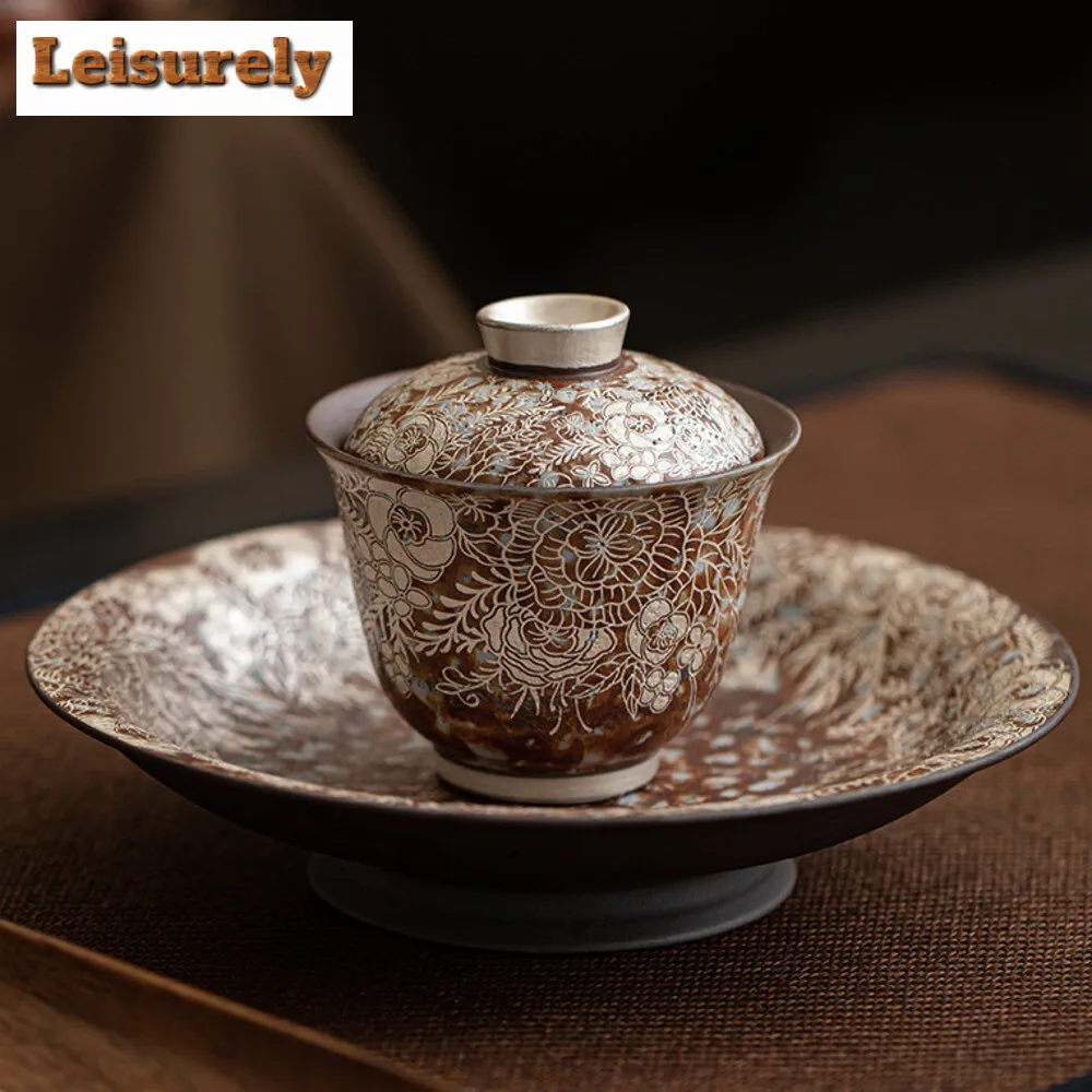 Flower Gilded Silver Old Rock Mud Coarse Pot Bearing Holder Vintage Dry Brew Table Tea Tray Fruit Sanck Plate Teaset Decoration