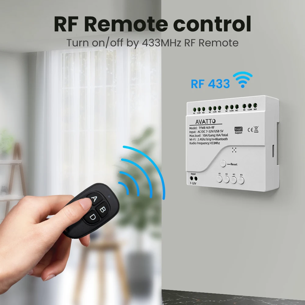 AVATTO 투야 와이파이 스마트 모터 스위치 모듈, RF 433 라디오 리모컨, 4 채널 인칭 릴레이, 알렉사 구글 홈으로 작동
