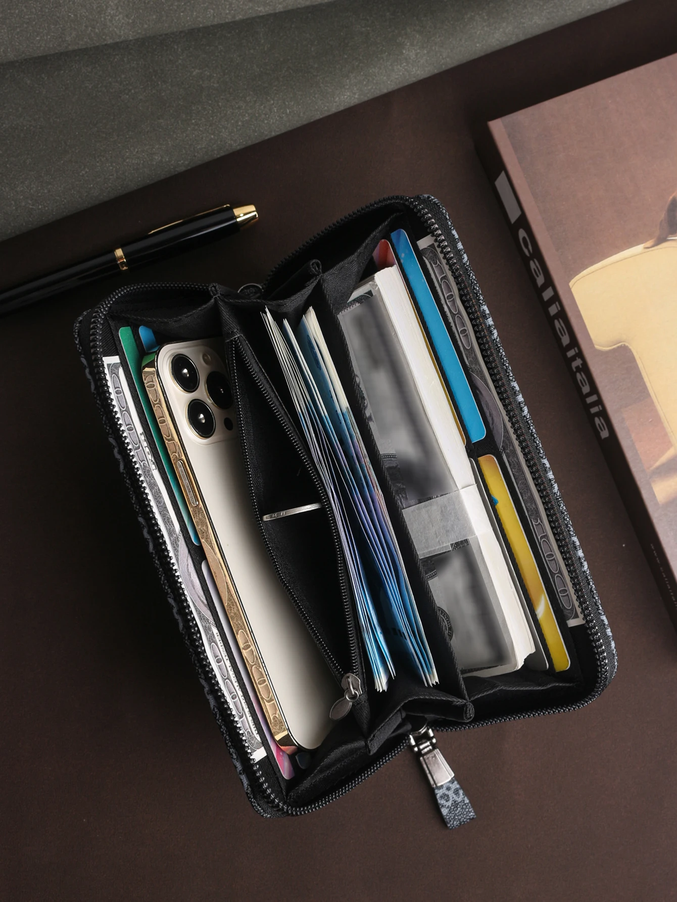 Men's Premium PU Leather Wallet with Detachable Wrist Strap and Metal Hardware