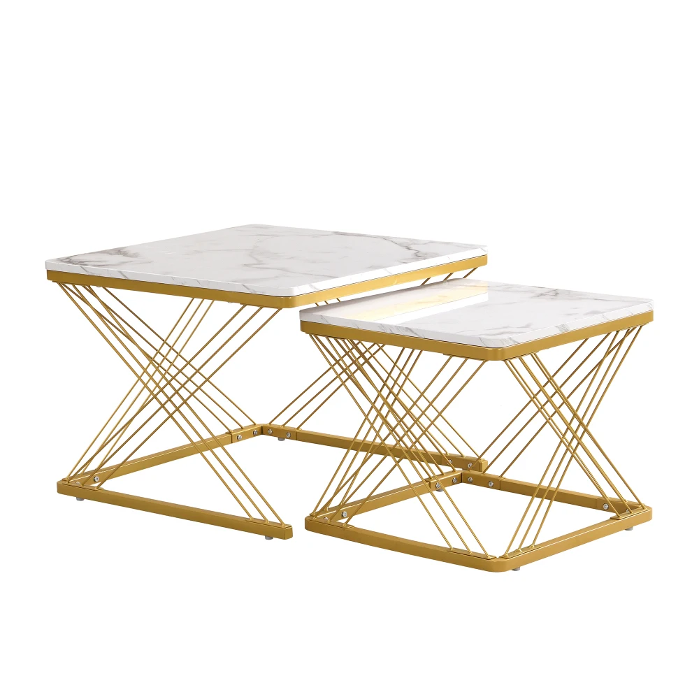 2-teiliges Couchtisch-Set, quadratische Tische in 60 x 60 x 45 cm und 45 x 45 x 40 cm, hochglänzende Marmoroptik, höhenverstellbare Füße, bis zu 30 kg – Detail 37