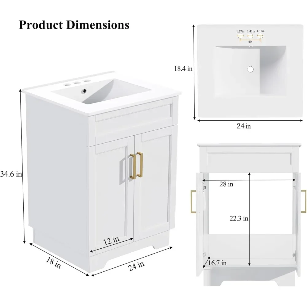 Bathroom Vanity with Ceramic Sink, Bathroom Vanity Cabinet with 2 Doors, 24 Inches Wooden Bathroom Sink Cabinet 2