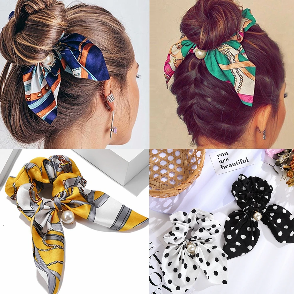 Floral Print Scrunchie Chiffon Bowknot Hair Ribbons For Women Knotted Bow  Hair Rope Ponytail Elastic Hair Bands Hair Accessories - AliExpress
