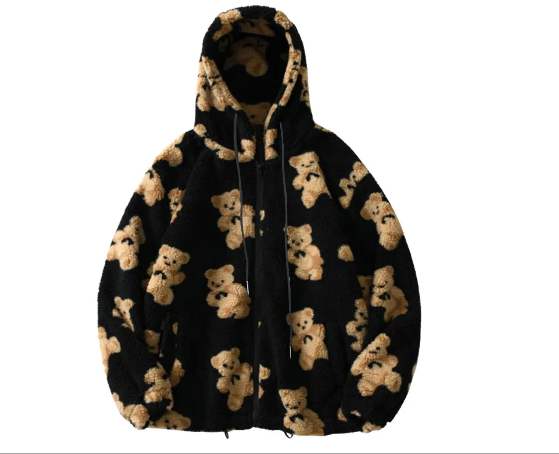 

Cartoon Bear Lamb Hoodies Women's Wool Couple Jacket Casual Oversize Hoodie Winter Warm Tops Female Sweatshirt Cute Teddy Coats