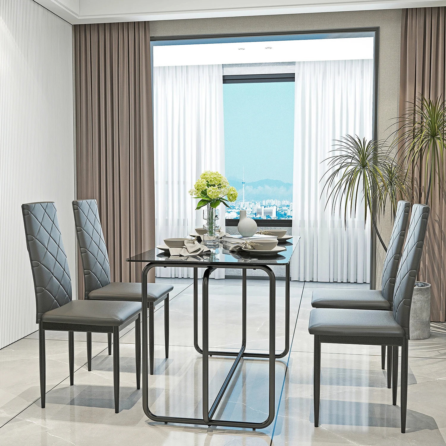 

1-piece Rectangle Dining Table with Metal Frame, Tempered Glass Dining Table for Kitchen Room, Black